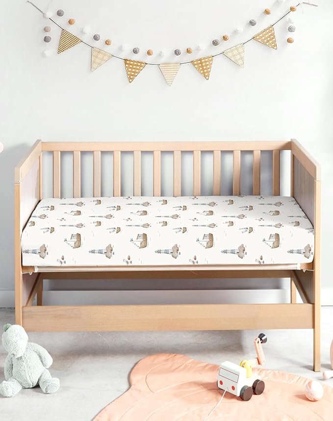 Pack and Play Sheets 2 Pack, Fitted Jersey Knit Mini Crib Sheets for Baby Boys and Girls, Compatible with Graco Pack N Play and Mini Crib Mattress (Sailing Waves, Pack N Play/Mini Crib Sheets)