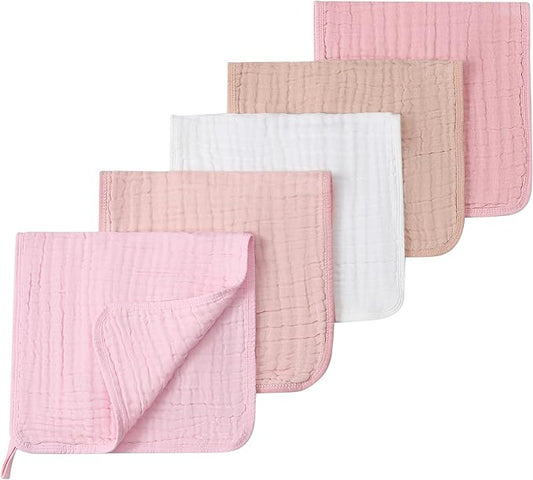 SnugOre Muslin Burp Cloths 5 Pack Large 20x12 inches Baby Burping Cloths, 6-Layer 100% Cotton for Newborn Boys Girls, Ultra Soft & Absorbent (White & Pink)