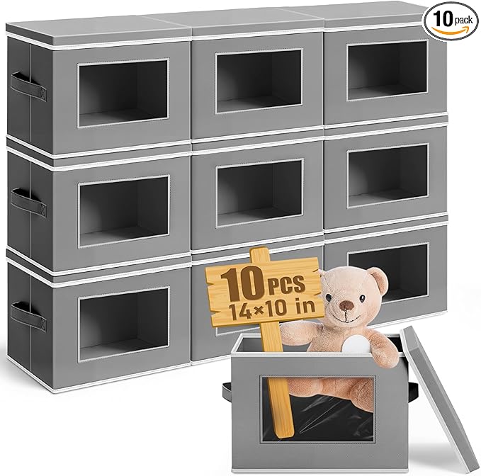 10 Pcs Fabric Storage Bins with Lid 14x10 Inch Stuffed Animal Storage Boxes with Window Handle Collapsible Cube Organizer Basket for Shelves Closet Bedroom Office Clothes Books (Dark Gray)