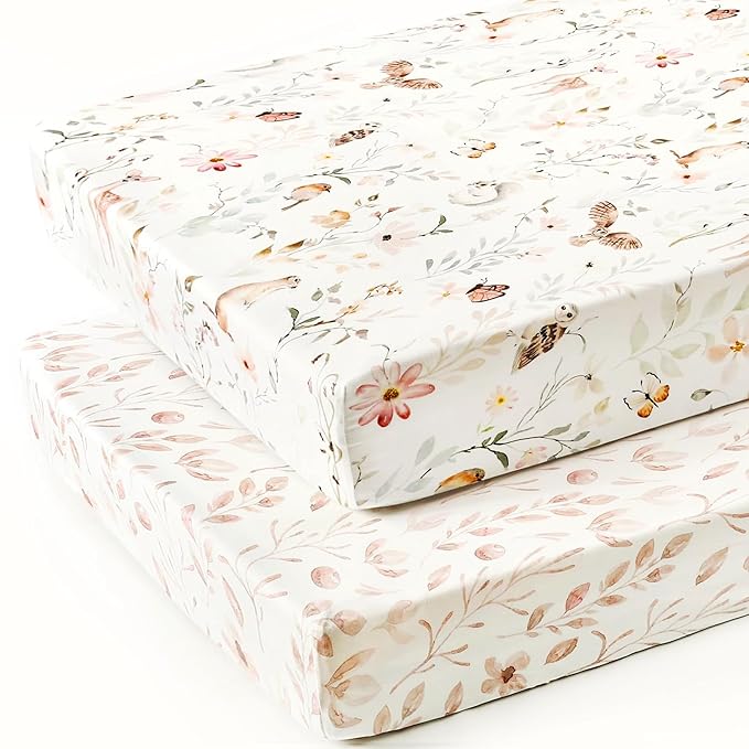 GRSSDER Stretch Ultra Soft Jersey Knit Fitted Crib Sheets Set 2 Pack，Fit All Standard Crib Mattress Pads Safe and Snug, Crib Fitted Sheet for Girls, Beautiful Blush Pink Floral and Cute Animals Print
