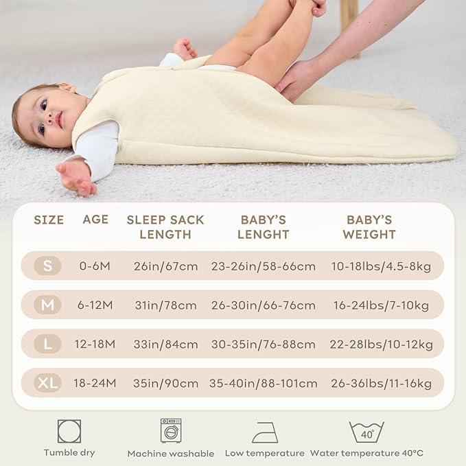 FIEMOL Baby Sleep Sack 12-18 Months 2.5 TOG, Winter Cotton Sleep Sacks Newborn and Infant, Warm Quilted Baby Wearable Blanket, Newborn Sleeping Bag with 2-Way Zipper Beige 1 Pack