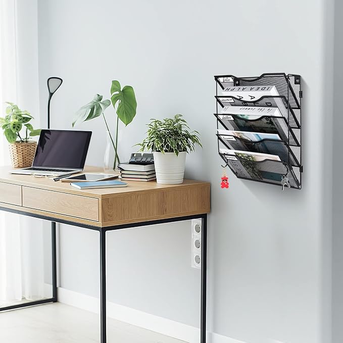 Wall File Organizer 5 Pockets, Mail Organizer, Hanging Folder Holder, Foldable | Hanging or Wall Mounted | Label Panel | 2 Hooks | Office Home School Organizer, Black