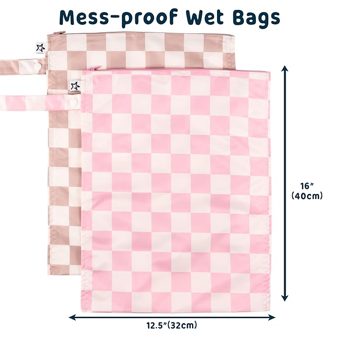 Tiny Twinkle Mess Proof Wet Bags | 2-Pack Reusable Waterproof Wet Bags for Swimsuits | Baby Clothes | Travel & Diaper Bag (Pink, Brown Checkers)