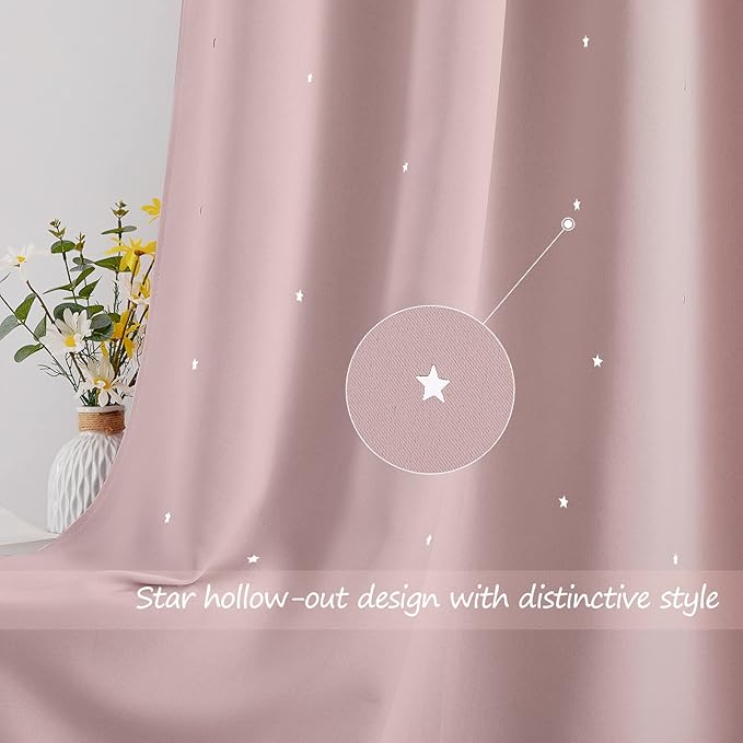 NICETOWN Light Pink Star Blackout Curtains for Kid's Bedroom, Grommet Thermal Insulated Room Darkening Nursery Curtains for Living Room/Thanksgiving, (52 x 84 Inch, Set of 2 Panels)