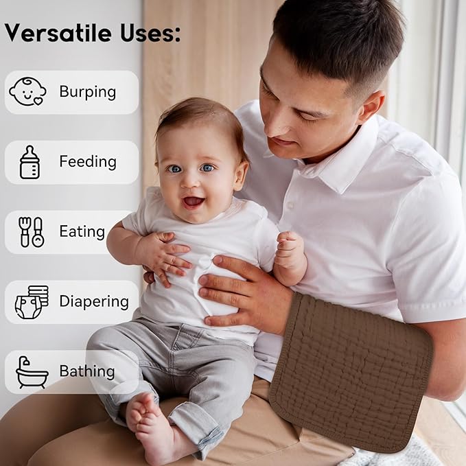 Unnivoll Muslin Burp Cloths for Baby 100% Cotton Burping Cloths for Boys Girls Large 20''X10'' Extra Soft and Absorbent 12 Pack - Gradient Coffee