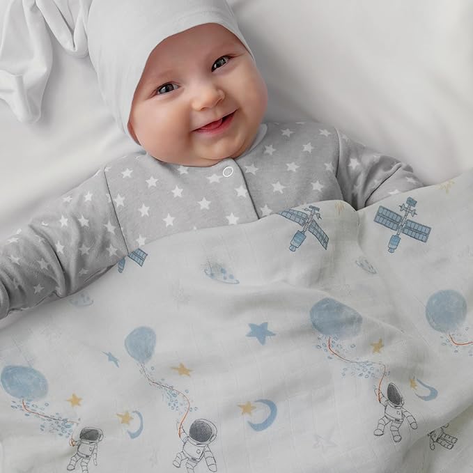GLLQUEN BABY Receiving Blanket Boy Cotton Muslin Swaddle Blankets Girl Newborn Squares Breathable & Soft Thin Baby Blankets Cloths Double Absorbent Infant Swaddling Wrap - 3 Pack (Blue Astronaut)