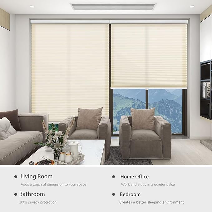 Changshade Cellular Shades Cordless Blinds for Indoor Windows, Honeycomb Blinds Pleated Window Shades Light Filtering for Bedroom, Bathroom, Shade Size 72 inch High 46 inch Wide, Beige