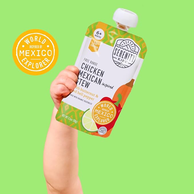 Serenity Kids 6+ Months Chicken Mexican Stew Baby Food Pouch - 3.5 oz, Pack of 12 - DV 5g Protein Baby Protein Pouches - Chicken Veggie Puree - On-the-Go Convenience