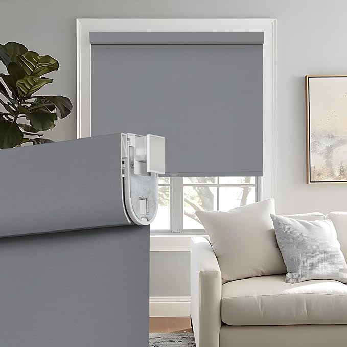 Persilux No Drill No Tools 100% Blackout Blinds for Windows, Free-Stop Cordless Roller Shades Thermal Insulated UV Protection Roller Blinds for Home Bedroom Easy to Install (Grey, 29" W x 72" H)