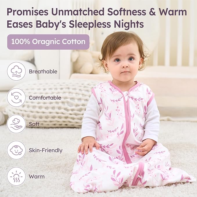 Unnivoll Baby Sleep Sack 18-24 Months 3 Pack 100% Cotton Lightweight 0.5 TOG Wearable Blanket Baby Sleep Bag with 2-Way Zipper for Newborn Infant Purple Leaf