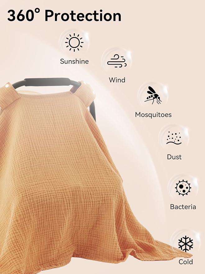 TILLYOU Baby Car Seat Cover, Breathable Muslin Cotton Infant Car Seat Cover, Lightweight Canopy with Sun and Bug Protection(Orange)