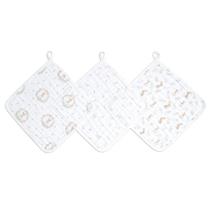 aden + anais Essentials Washcloth 3-Pack, Super Soft 100% Cotton Muslin, Gentle on Skin, 3 Absorbent 11x11 Layers, Softer with Every Use, Perfect for Babies, Infants, Toddlers, Blushing Bunnies