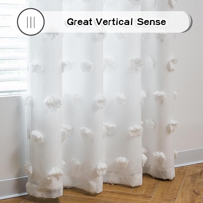 MYSKY HOME Kids Curtains for Girls Bedroom Double Layer Curtain for Daughter Room 84 Inches Long Pom Pom Sheer Drapes White Curtains for Living Room Grommet Room Darkening Panels W52 X L84
