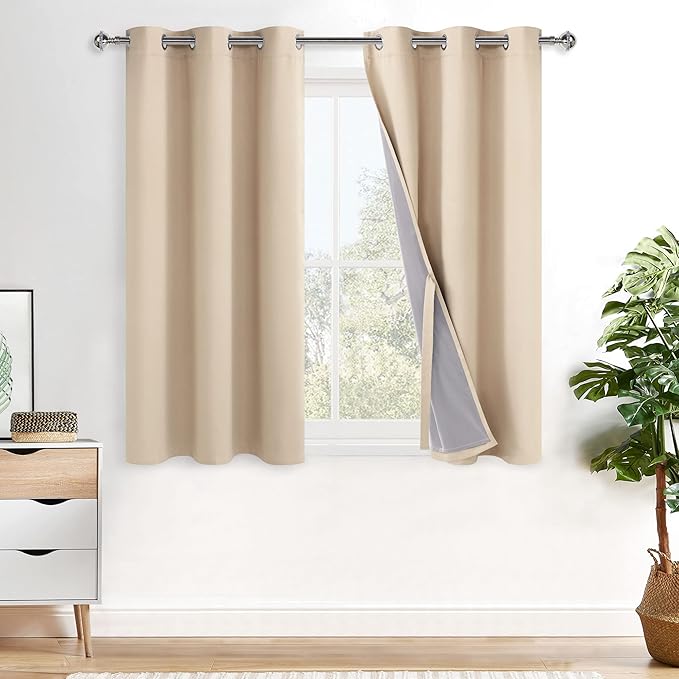 XWZO 100% Blackout Curtain Panels - Thermal Insulated Black Liner Curtains, Noise Reducing and Heat Blocking Drapes for Hall and Studio Windows with Tiebacks, Biscotti Beige, W38 x L54, Set of 2