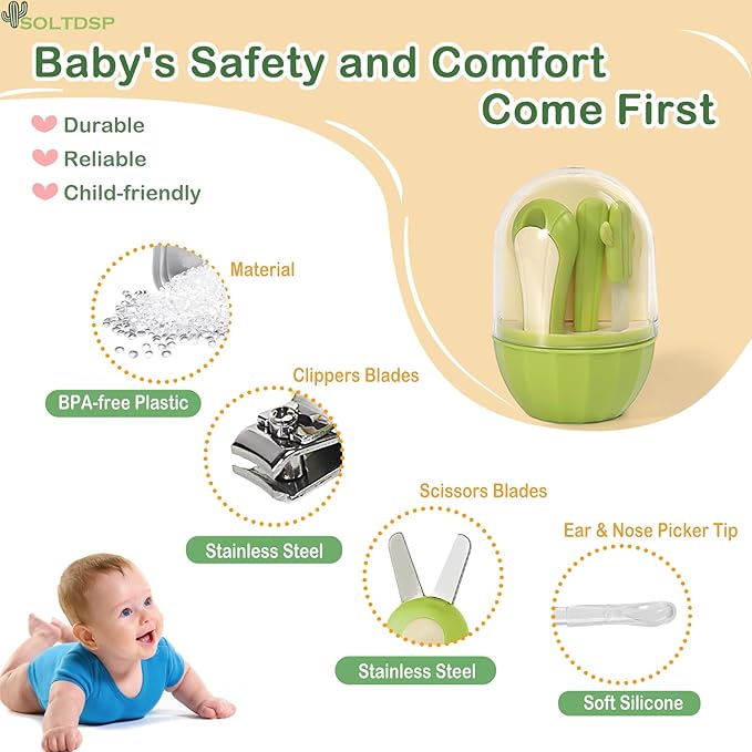 5-in-1 Baby Nail Kit with Storage Case, Cactus Theme Design Including Baby Nail Clippers, Nail Scissors, Nail File, Tweezers & Nose Picker, Newborn Essentials Must Haves for Baby Shower(Green)