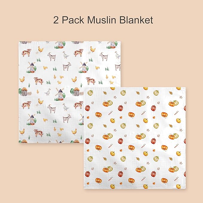 70% Rayon Made from Bamboo 30% Cotton Muslin Swaddle Blanket, 47 x 47 Inches, Pumpkin Print Baby Receiving Blanket, Soft and Breathable, Unisex, 2 Pack