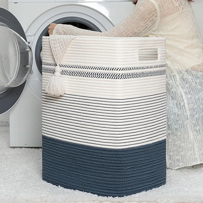 Laundry Basket, Large Woven Rope Tall Laundry Basket with Handles, Decorative Storage Basket for Clothes and Blankets in Living room, Bedroom