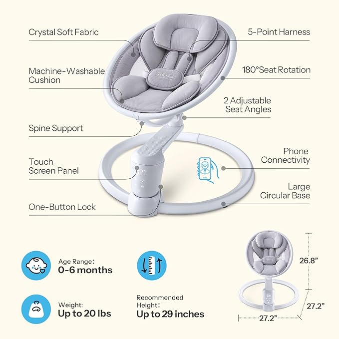 HARPPA Electric Baby Swings for Infants and Newborns, 5 Speeds and Remote Control 10 Built-in Melodies, 2 Seat Positions & 180° Rotation,Portable Baby Swing for Indoor Use,Dove Gray
