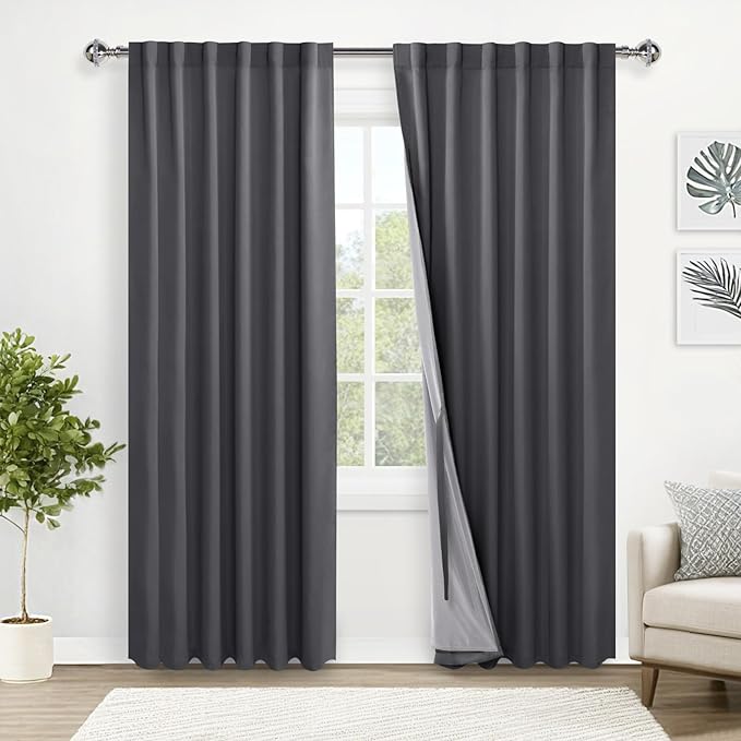 XWZO 100% Blackout Curtains 84 Inches Long with Tiebacks- Heat and Full Light Blocking, Thermal Insulated Window Panels for Bedroom/Nursery, Rod Pocket & Back Tab, Dark Grey, W52 x L84, Set of 2