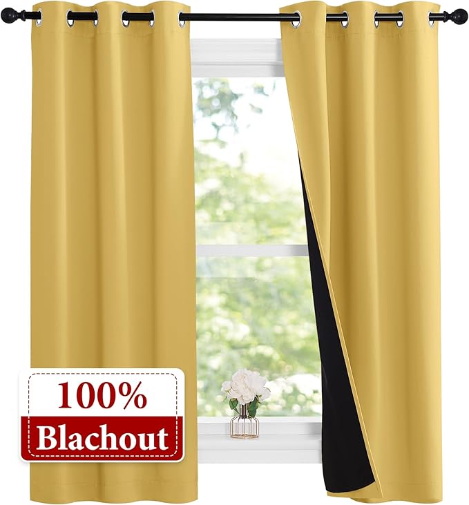NICETOWN Bright Yellow Full Shade Curtain Panels, 37" Wide x 70" Long, Pair of Thermal Insulated & Energy Efficiency Blackout Curtains for Living Room Windows, Lined Silky Performance Window Dressing