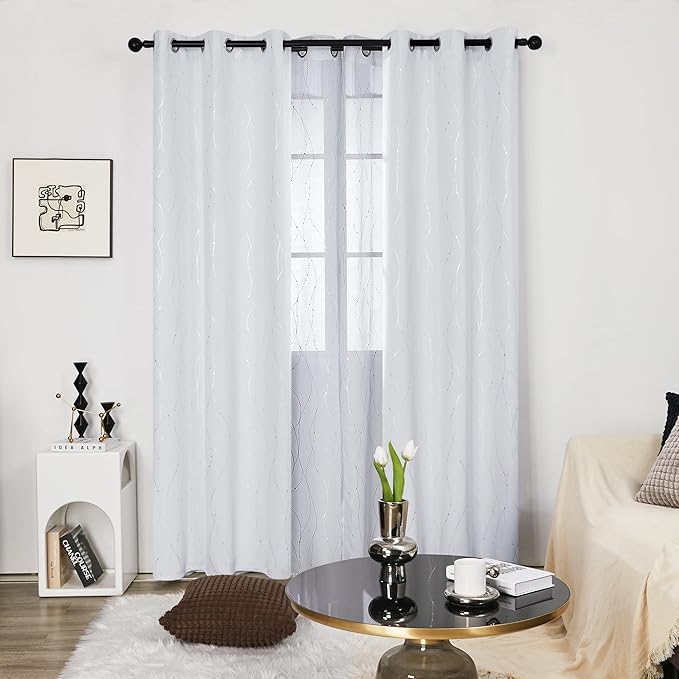 Deconovo Sliding Door Curtains, Room Darkening Drapes, Thermal Insulated Soundproof Grommet Drape, Silver Wave Dot Print, 42 x 108 Inch Long, Machine Washable Window Panels for Living Room, Set of 2