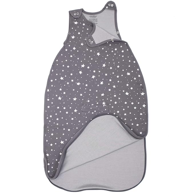 Woolino Merino Wool and Organic Cotton Ultimate Sleep Sack - 4 Season - Two-Way Zipper Adjustable Sleeping Bag - Universal Size Sleep Sack for Baby (2-24 Months) - Star Gray