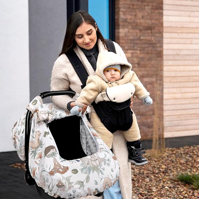 Car Seat Cover Baby Girl Boy, Warm Winter Carseat Cover for Baby, Kick-Proof Infant Car Seat Cover with Peep Window, Windproof & Cozy, Gray Animals