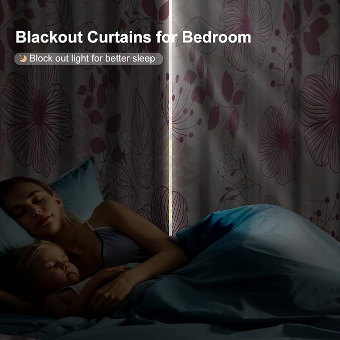 Blackout Curtains for Girls Bedroom, Pink Floral Black Out Curtains for Living Room Nursery 84 Inch Length 2 Panels Set, Room Darkening Grommet Thermal Curtains Farmhouse Soundproof Window Drapes