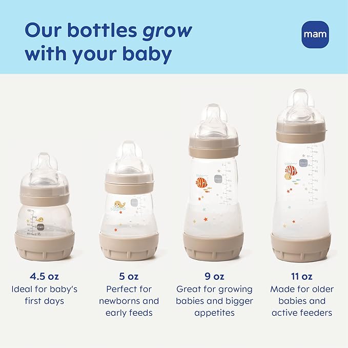 MAM 5oz Easy Start Anti-Colic Baby Bottles, Slow Flow with Bonus Medium Flow Nipple, Reduces Colic, Gas, & Reflux, Easy-to-Clean, BPA-Free, Baby Bottles for Newborns, 0-3 Months