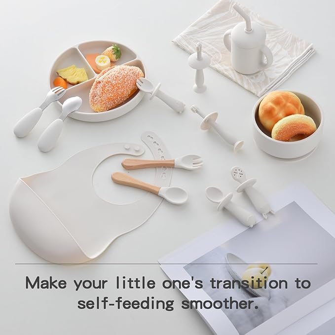 Silicone Baby Feeding Set,13PCS Baby Feeding Essentials with Suction Bowl and Plate,Spoons & Forks,Bib & Cup,Baby Toothbrush,Baby Led Weaning Supplies for 6+ Months,Baby Eating Essentials-White