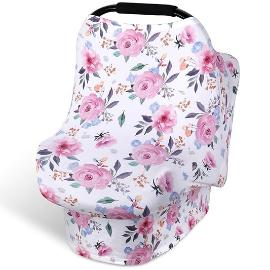 Rquite All-in-1 Car Seat Cover Baby, Carseat Covers for Girl Boy, Stretchy Soft Infant Car Seat Cover, Multi-use Baby Carrier Cover, Car Seat Canopy, Stroller Sun Shade, Nursing Breastfeeding Cover