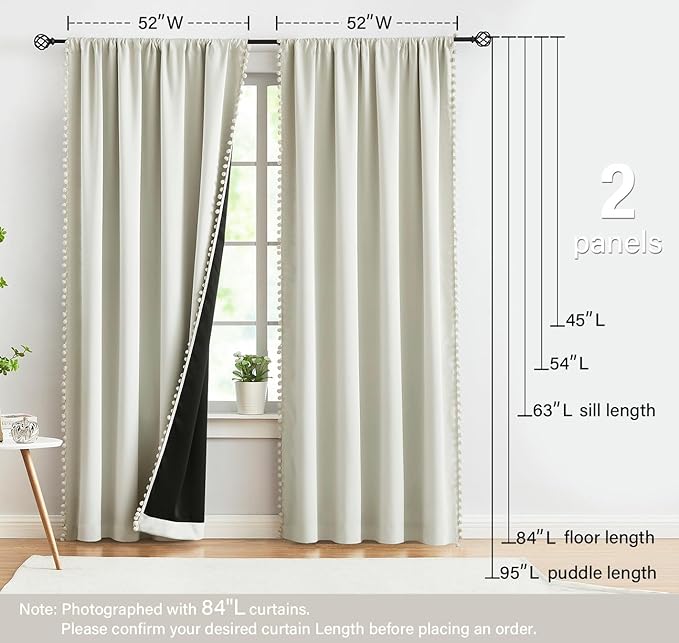 Treatmentex Natural Blackout Curtains for Bedroom Living Room 84inch Long Iovry/Beige Pom Pom Curtain Panels for Windows Thermal Insulated Curtains for Kids Nursery Room Rod Pocket 52" W x 2pcs