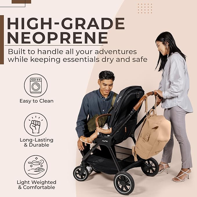 BUNSO Neoprene Diaper Bag, Minimalist Backpack Diaper Bag with Pouch, Changing Pad, and Stroller Straps, Water Resistant and Lightweight Baby Diaper Bag Backpack, Womens and Mens Diaper Bag, Khaki