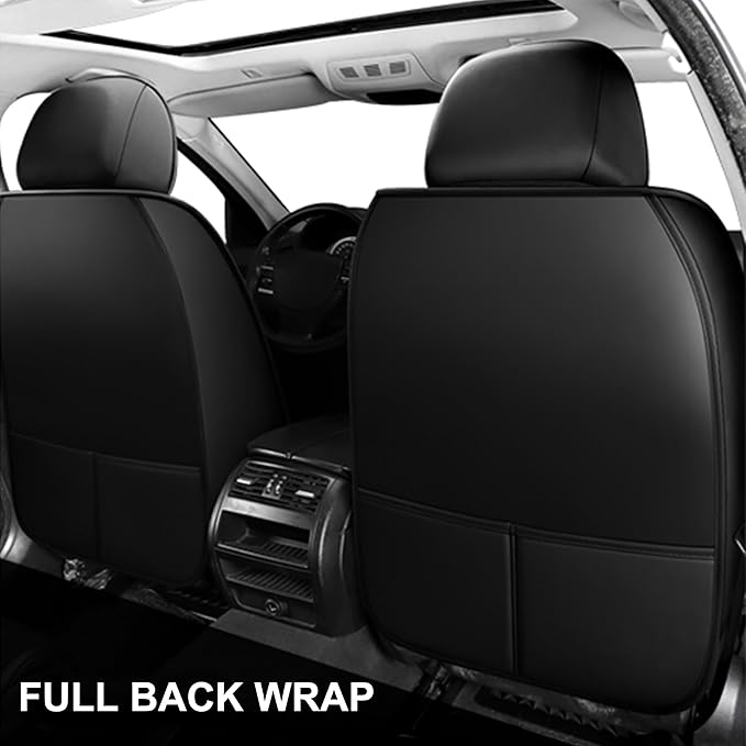 Amooca Car Seat Covers Full Set Automotive Seat Protection Fit for Most Cars SUVs Front & Back Seats Waterproof Nappa Leather Car Seat Cushion Breathable Black with Pillow & Lumbar Support
