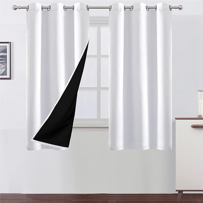 LEMOMO 100% Blackout Curtains 63 Inch Length 2 Panels White Curtains with Black Liner Double Layer Full Room Darkening Thermal Insulated Bedroom Curtains