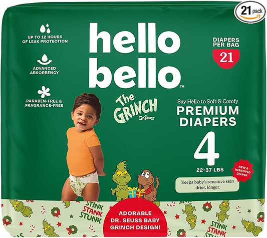 Hello Bello Diapers, Size 4 (22-37 lbs) Dr. Seuss Baby Grinch - 21 Count of Premium Disposable Baby Diapers, Hypoallergenic with Soft, Cloth-Like Feel