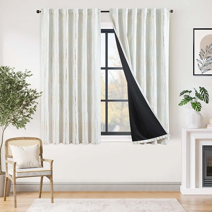 jinchan 95% Blackout Curtains 63 Inch Long for Bedroom Boho Curtains Moon Phases Printed Golden on White Drapes Rod Pocket Back Tab Darkening Retro Bedroom Pattern Curtains 2 Panels
