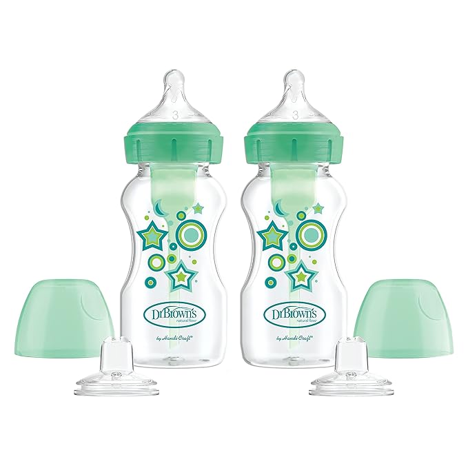 Dr. Brown's Anti-Colic Options+ Wide-Neck Sippy Bottle Starter Kit, 9oz/270mL, with Level 3 Medium-Fast Flow Nipple and Soft 100% Silicone Sippy Spout, Green, BPA-Free, 6m+, 2-Pack