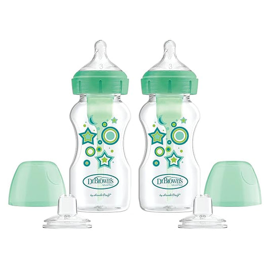 Dr. Brown's Anti-Colic Options+ Wide-Neck Sippy Bottle Starter Kit, 9oz/270mL, with Level 3 Medium-Fast Flow Nipple and Soft 100% Silicone Sippy Spout, Green, BPA-Free, 6m+, 2-Pack