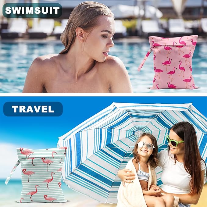 2Pcs Flamingo Print Wet Bags, Wet Dry Bag Reusable Zipper Pouch for Swimsuit, Diapers, Pool, Beach, Dirty Yoga Gym Clothes, Toiletries, Waterproof Birthday Christmas Gifts