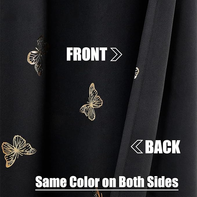 Jubilantex Butterfly Blackout Curtains 2 Panels 84 Inch Long for Girls Bedroom, Black and Gold Foil Print Floral Drapery 100% Room Darkening Grommet Top Window Drapes for Living Room, 52x84Inch