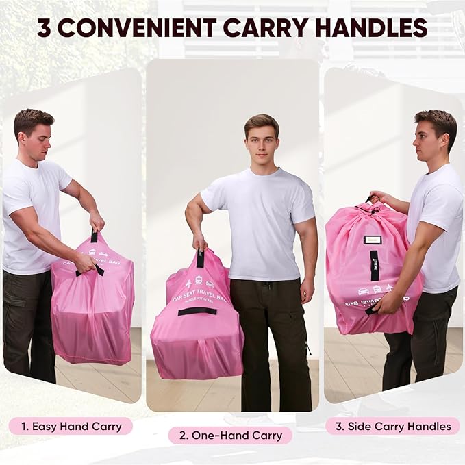 BALEINE Car Seat Travel Bag for Airplane, Water-Resistant Car Seat Bags for Air Travel, Foldable Cover with 3 Handles, Fits Toddler Carseat, Convertible and Booster Seats (Pink)