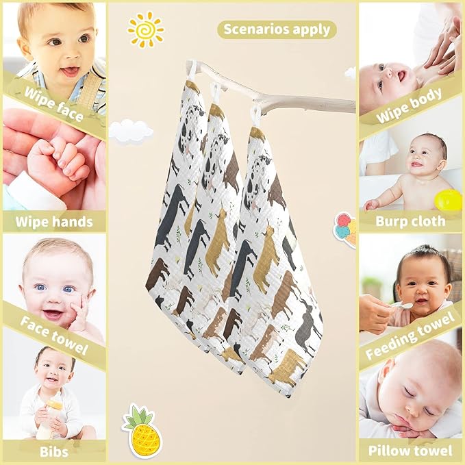 Baby Washcloths Cotton Bulls Cows Cattle Baby Muslin Washcloths Soft Baby Face Towel for Newborn Infants Baby Wipes, 11.8 X 11.8 Inch, 3 Pack White