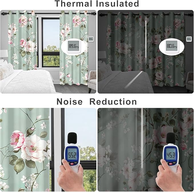 Blackout Curtains for Girls Bedroom, Pink Floral Room Darkening Curtains 84 Inch Length 2 Panels Set, Grommet Thermal Insulated Soundproof Privacy Winter Black Out Curtains for Living Room