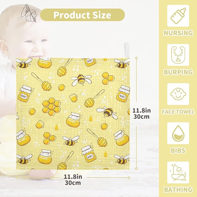 Baby Washcloths Cotton Flying Bees Honey Baby Muslin Washcloths Soft Baby Face Towel for Newborn Infants Baby Wipes, 11.8 X 11.8 Inch, 5 Pack Yellow
