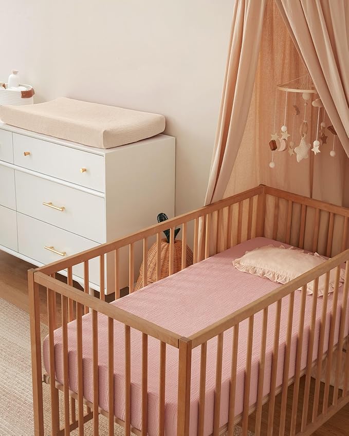 Blissful Diary Muslin Crib Sheets for Girl Boy, Boho Neutral Soft Cotton Baby Sheet for 52''x28'' Standard Crib Mattress, 2 Pack(Pink Floral&Light Pink)