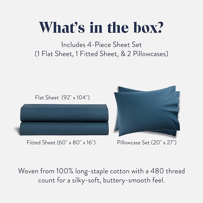 Brooklinen Luxury Sateen 4 Piece Sheet Set - 100% Cotton Bed Sheets, Soft & Durable Queen Size Sheets Set in Abyss Blue, Oeko-TEX Certified Bedding Set, 1 Fitted Sheet, 1 Flat Sheet, 2 Pillowcases