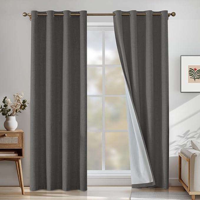 Linen 100% Blackout Curtains for Bedroom, Room Darkening Curtains for Living Room, 108 Inch Blackout Curtains, Extra Long Curtain Grommets Drapes, Thermal Curtains (2 Panels, Dark Grey)