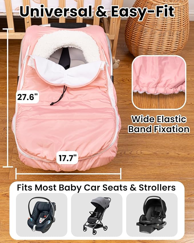 TinyPalsa Winter Baby Carseat Cover, Warm Cozy Infant Car Seat Covers with Plush Lining for Cold Weather, Waterproof Carseat Canopy with Adjustable Collar, Universal Fit for Boys & Girls (Pink)