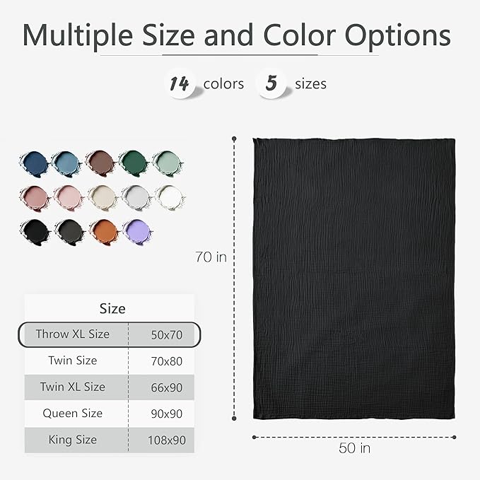 Carriediosa 100% Cotton Muslin Throw Blanket 50" X 70" Twin XL Size，4-Layers Summer Gauze Throws for Bed Couch，Soft Lightweight Breathable Linen Blankets Bedspread for Adults All Season，Black